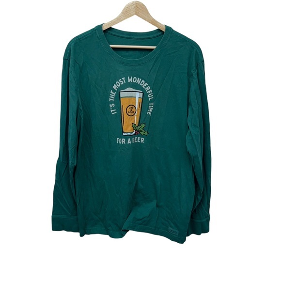 Life is good Green Long Sleeve Christmas Shirt With Beer Size Men's Large - Picture 1 of 6
